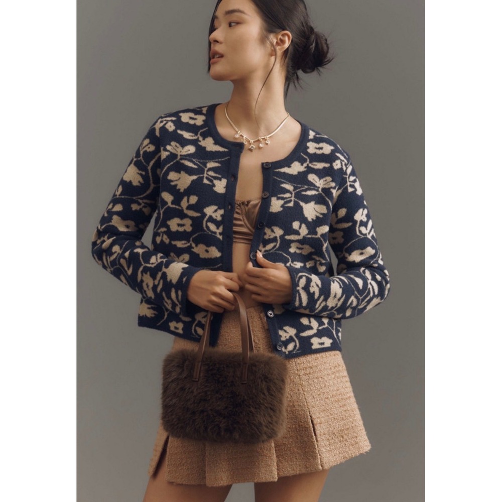 Anthropologie NVLT Cardigan Women L Blue Floral Jacquard Cropped Cottagecore